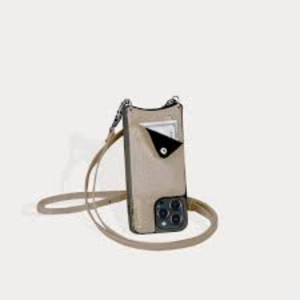 EMMA Pebble Leather Crossbody Bandolier in Greige/Silver IPHONE 13